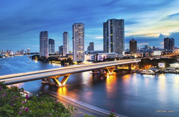 Urban City Skyline, Chao Phraya River, Bangkok, Thailand.