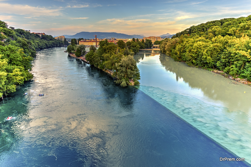 Rhone and Arve river confluence, Geneva, Switzerland, HDR